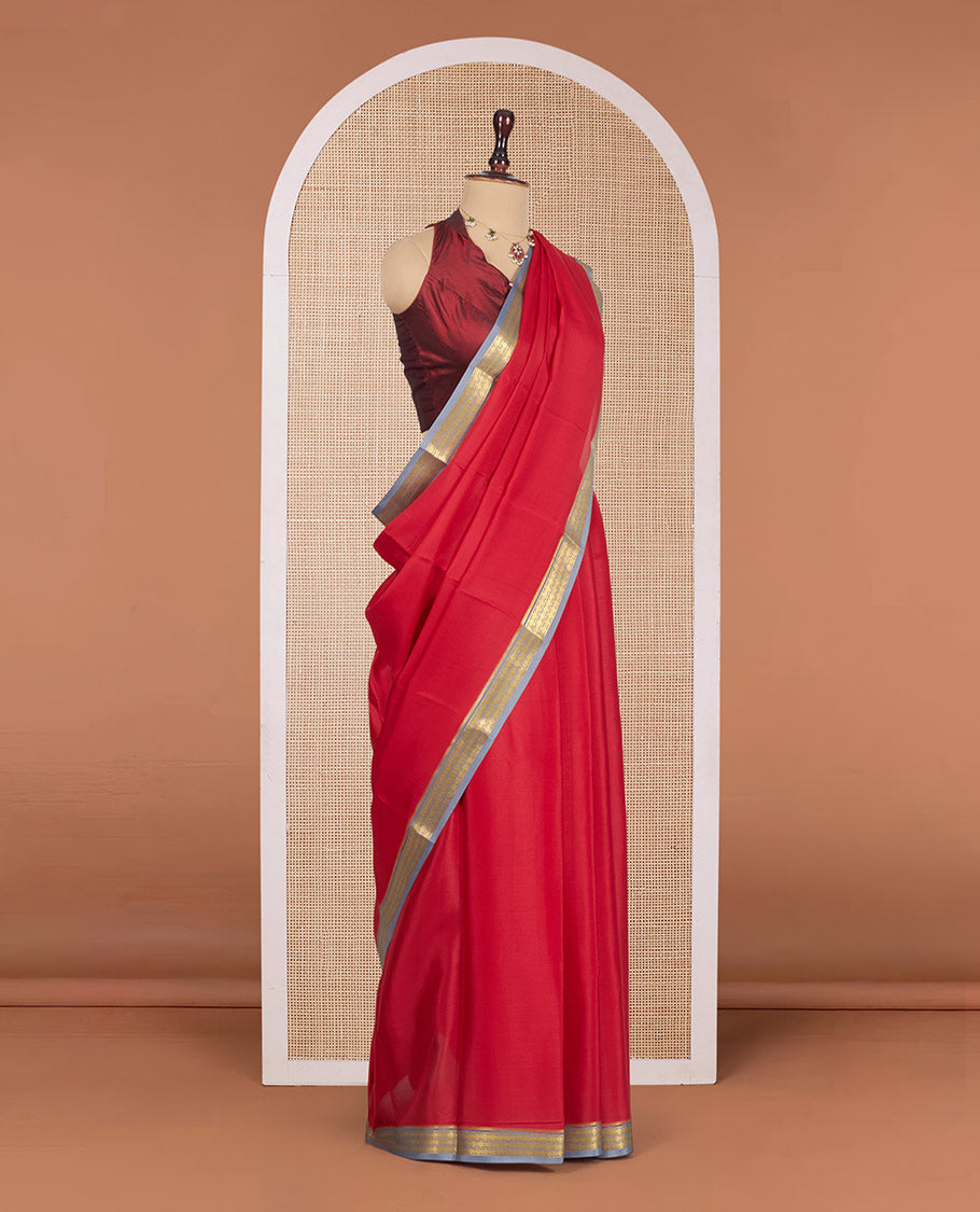 Red Plain Mysore Silk Saree, Complemented by a Contrast Traditional Zari Design Border, Zari Striped Pallu, and Paired with a Contrast Blouse