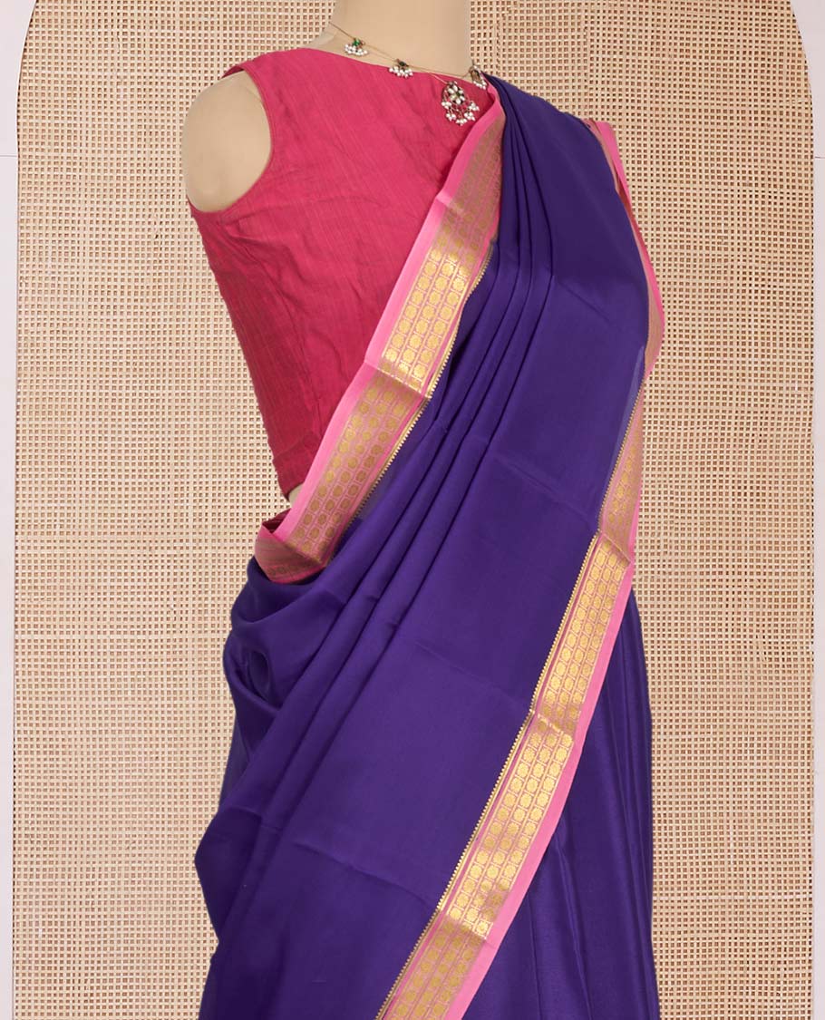 Dark Violet Plain Mysore Silk Saree, Complemented by a Contrast Traditional Zari Design Border, Zari Striped Pallu, and Paired with a Contrast Blouse