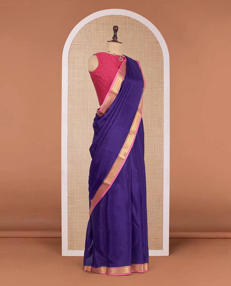 Dark Violet Plain Mysore Silk Saree, Complemented by a Contrast Traditional Zari Design Border, Zari Striped Pallu, and Paired with a Contrast Blouse