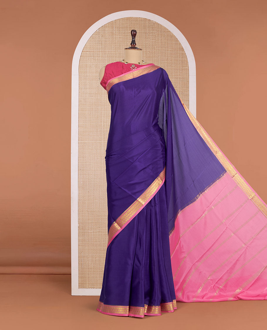 Dark Violet Plain Mysore Silk Saree, Complemented by a Contrast Traditional Zari Design Border, Zari Striped Pallu, and Paired with a Contrast Blouse
