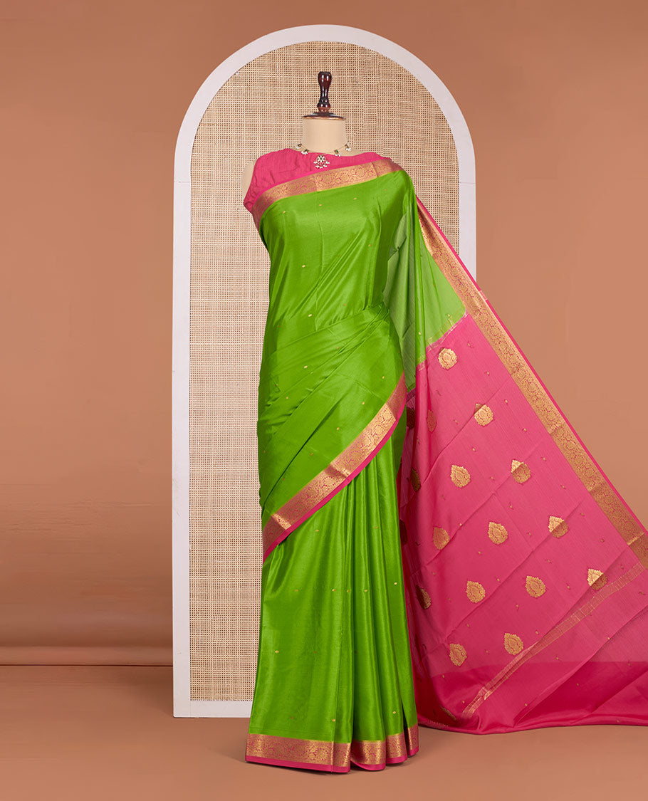 Parrot Green Mysore Silk Saree, Beautified with Zari Buttas All Over Its Body, Complemented by a Contrast Traditional Zari Design Border, Zari-Buttas Woven Pallu, and Paired with a Contrast Blouse