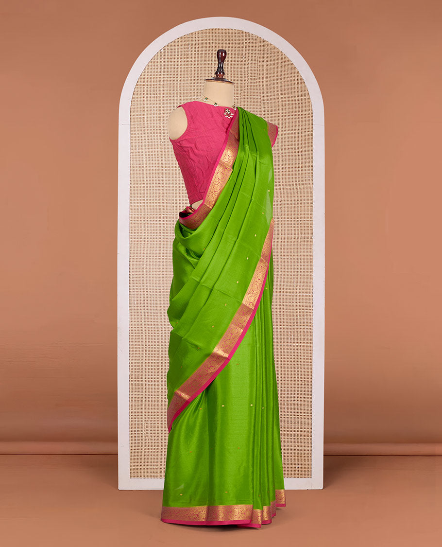 Parrot Green Mysore Silk Saree, Beautified with Zari Buttas All Over Its Body, Complemented by a Contrast Traditional Zari Design Border, Zari-Buttas Woven Pallu, and Paired with a Contrast Blouse