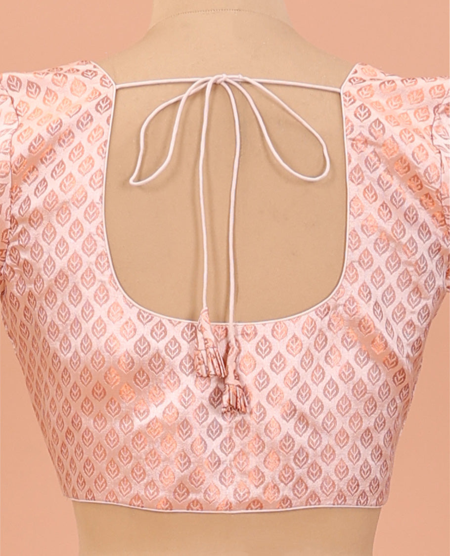 Peach leaf jacquard front-back round neck elbow sleeve readymade blouse