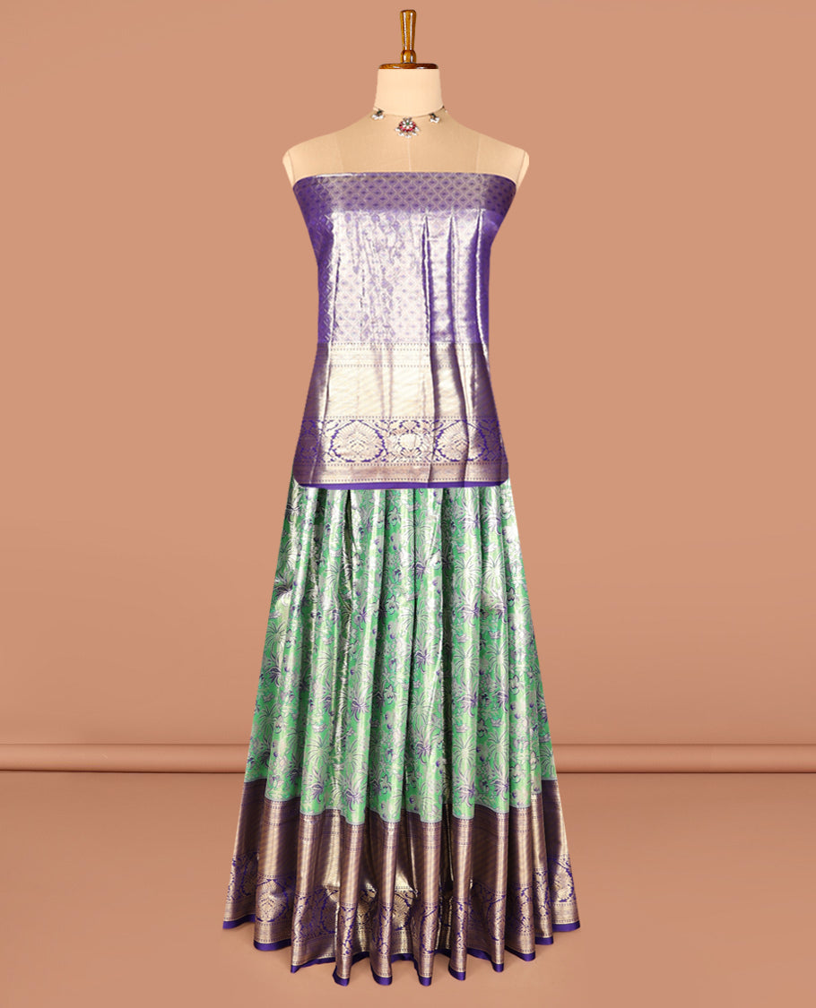 Green Art Silk Half-Saree, Spotlighted with Jacquard Design, Contrast Traditional Zari Border, Paired with a Contrast Jacquard Blouse, and an Intricate Dhavani