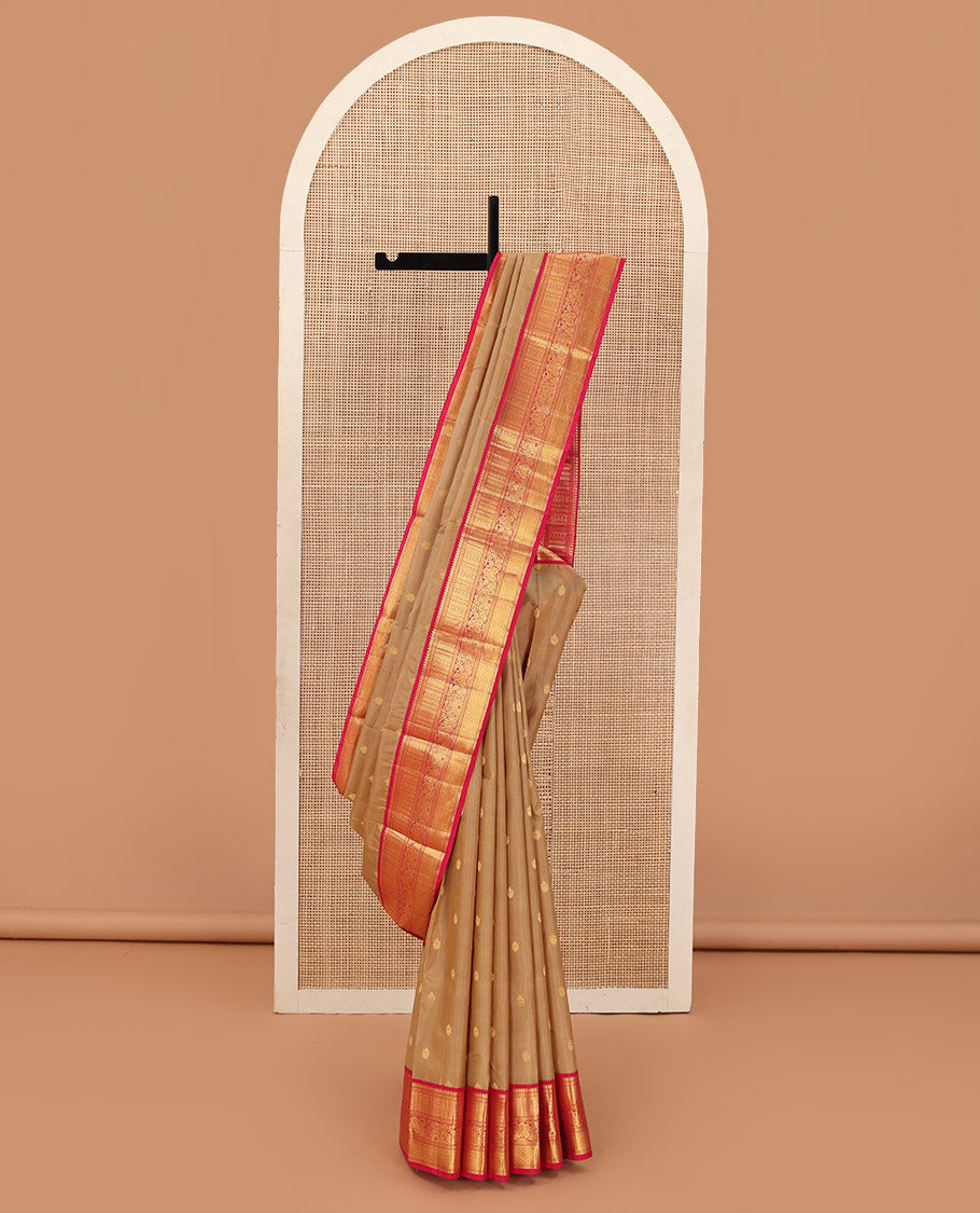 Sandal zari buttas Bangalore silk saree, contrast traditional zari design border, and intricate pallu