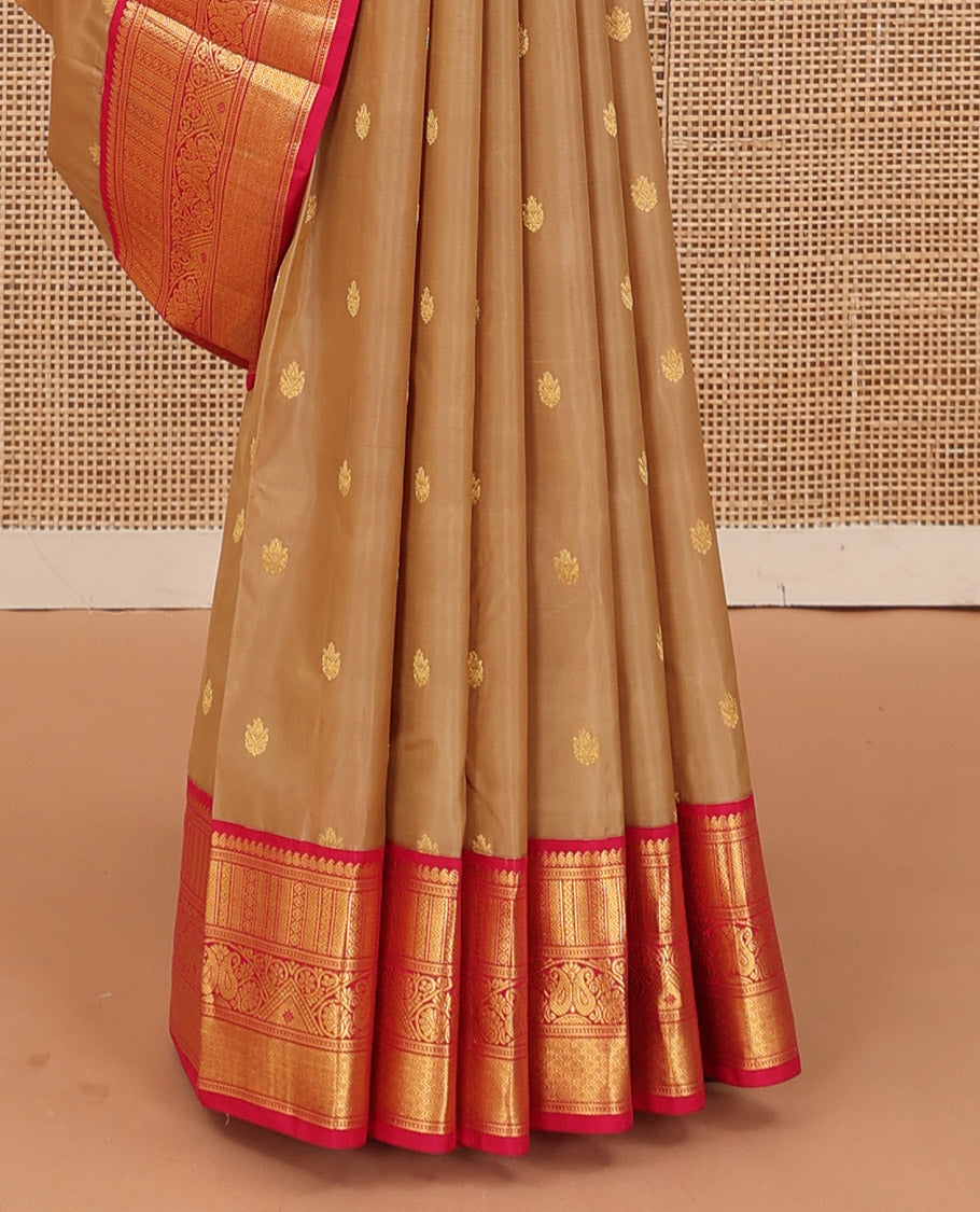 Sandal zari buttas Bangalore silk saree, contrast traditional zari design border, and intricate pallu