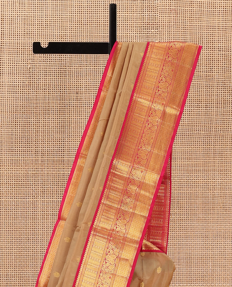 Sandal zari buttas Bangalore silk saree, contrast traditional zari design border, and intricate pallu
