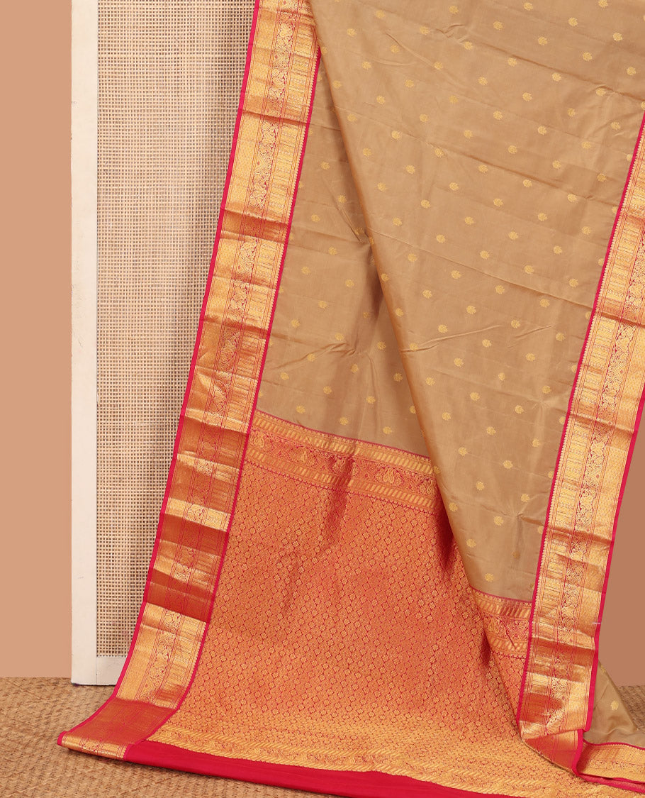 Sandal zari buttas Bangalore silk saree, contrast traditional zari design border, and intricate pallu