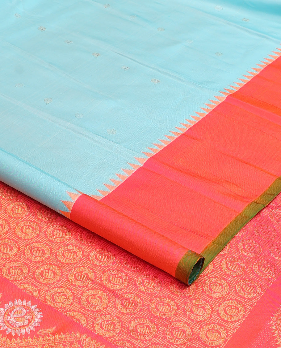 Baby blue mayil chakram buttas gadwal silk saree, contrast border of rekku, mayil, and kodi visiry designs, and intricate pallu