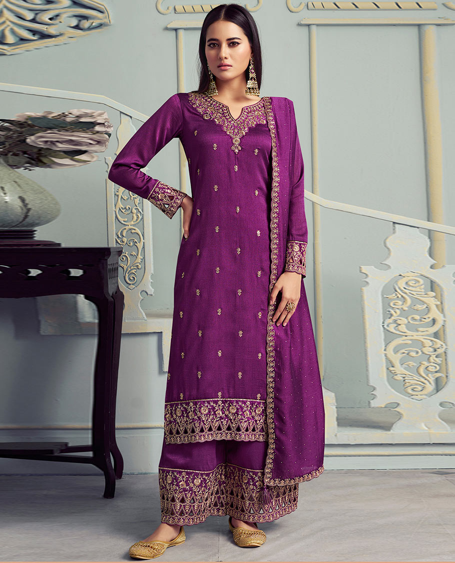 Purple dress material catalouge floral thread embroidery top with embroidery palazzo pants & floral embroidery scallop border dupatta