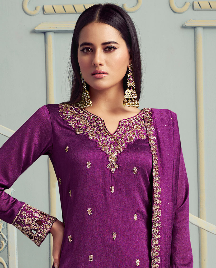 Purple dress material catalouge floral thread embroidery top with embroidery palazzo pants & floral embroidery scallop border dupatta
