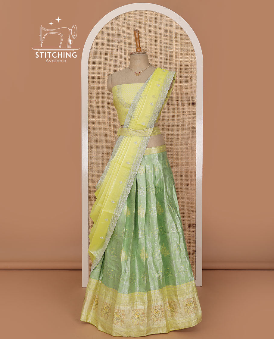 Green lehenga set, floral jacquard with contrast traditional zari border skirt, jacquard stone work blouse and scallop embroidered dhavani