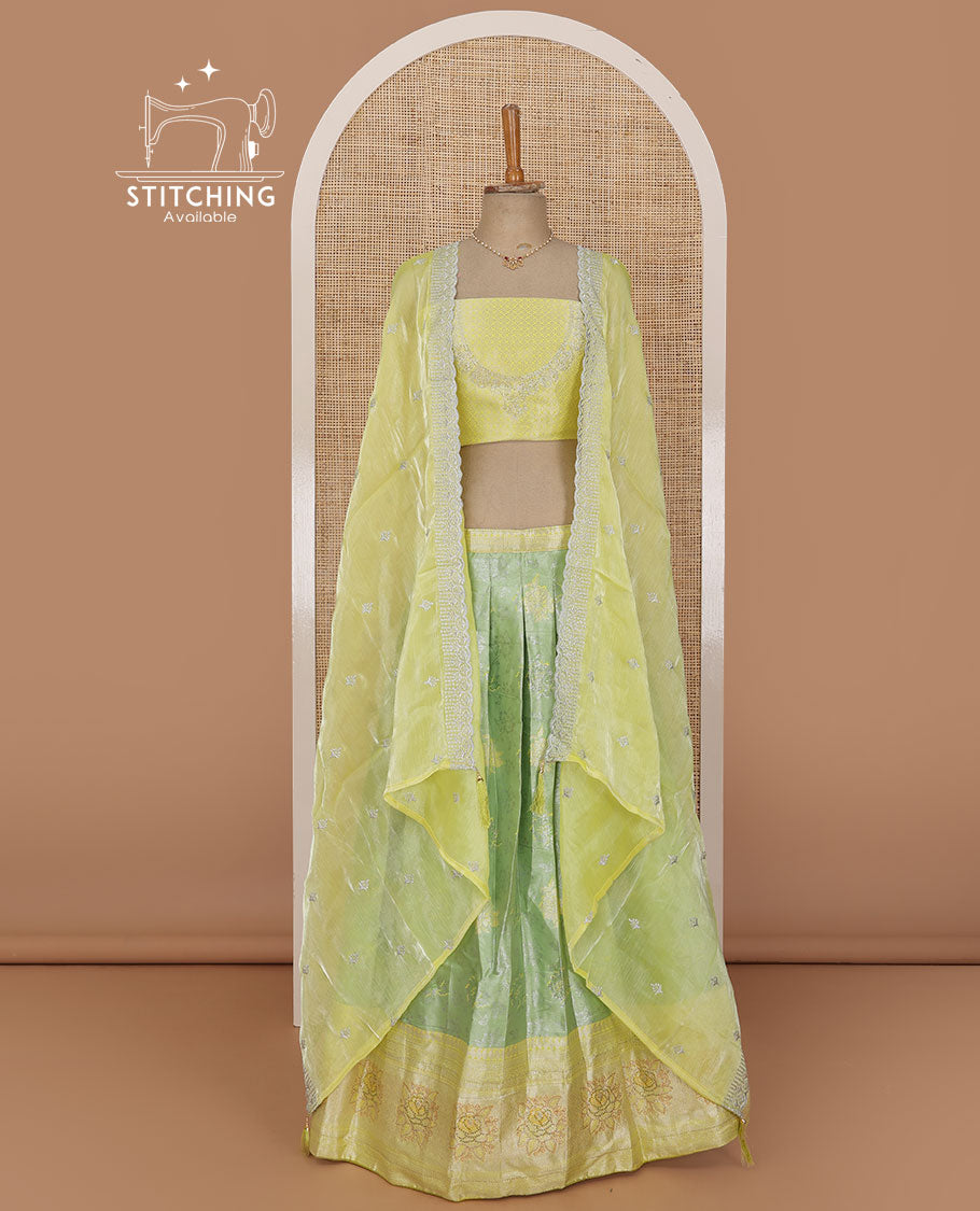 Green lehenga set, floral jacquard with contrast traditional zari border skirt, jacquard stone work blouse and scallop embroidered dhavani