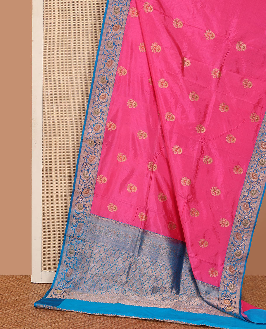 Pink floral motifs woven katan silk saree, contrast floral creeper border, and jaal pallu