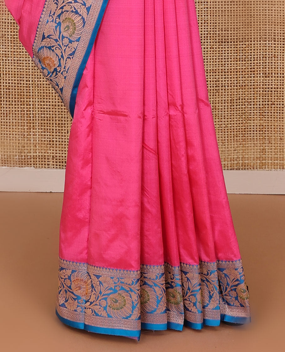 Pink floral motifs woven katan silk saree, contrast floral creeper border, and jaal pallu