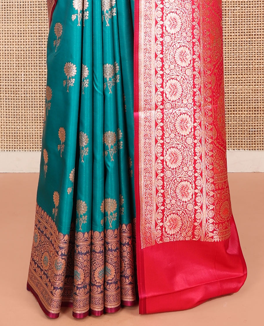 Blue Banarasi Nylon Saree, Detailed with Floral Buttas, Complemented by a Contrast Traditional Zari Border, Intricate Pallu, and a Contrast Blouse
