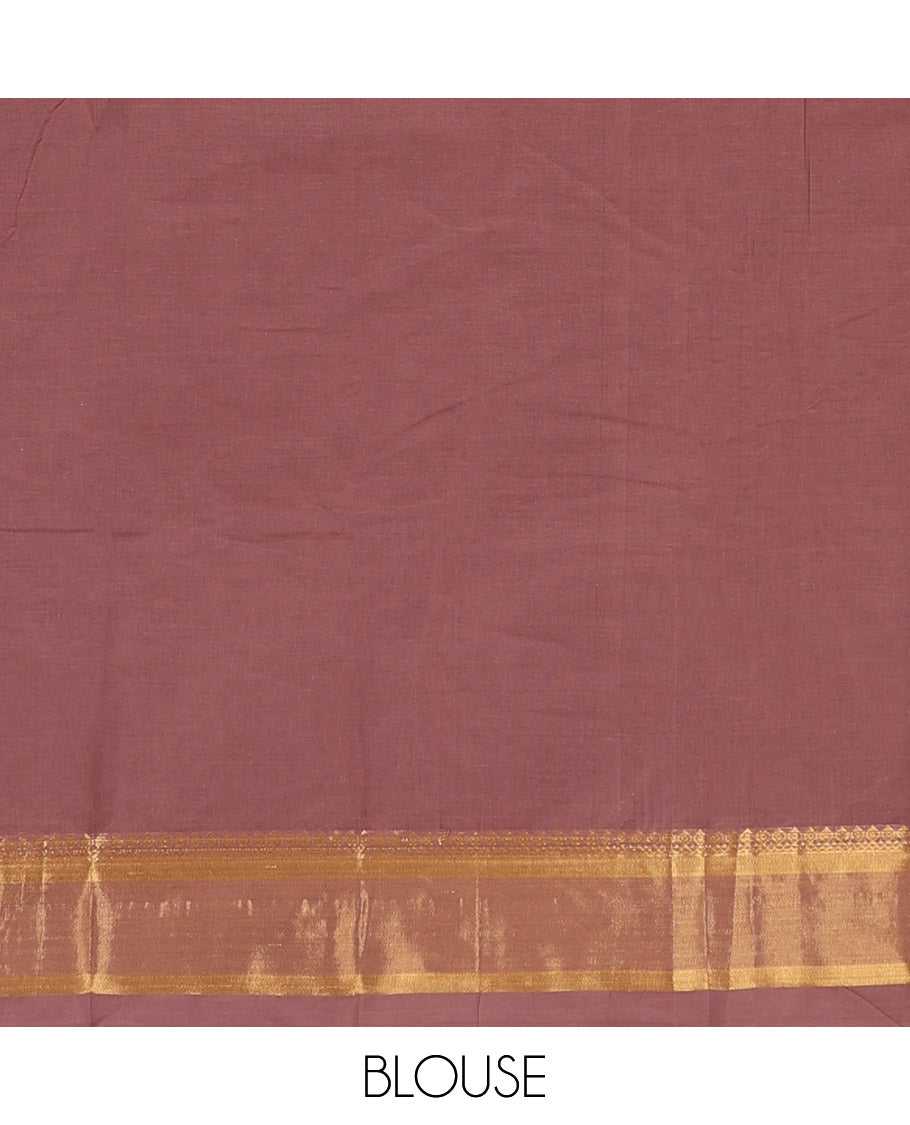 Brown thread buttas Kanchi cotton saree, contrast zari border, and pallu of geometric, and paisley designs