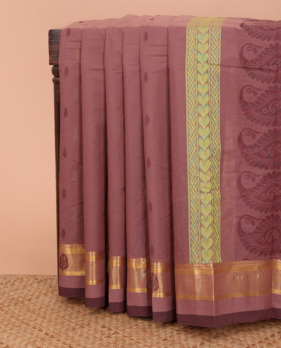 Brown thread buttas Kanchi cotton saree, contrast zari border, and pallu of geometric, and paisley designs