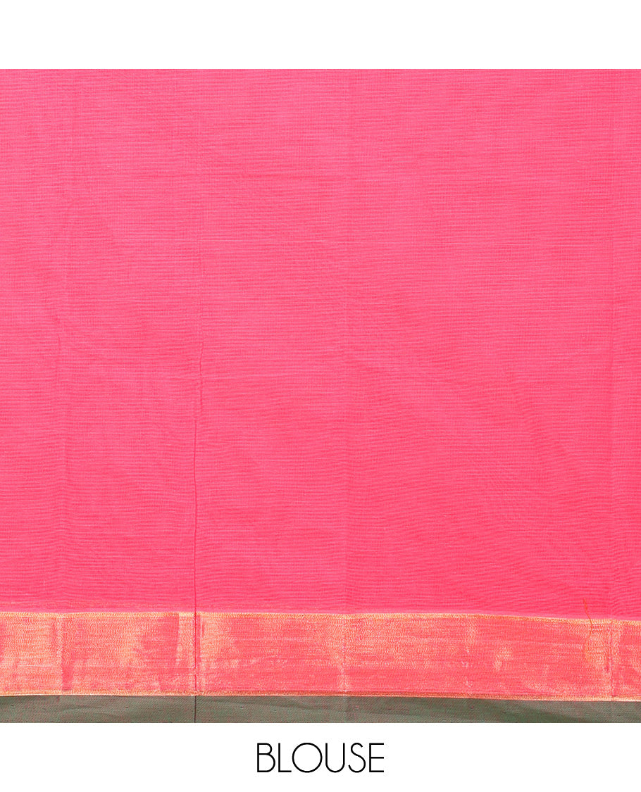 Pink buttas kanchi cotton saree, contrast zari border, and pallu of floral creeper, and leaf designs