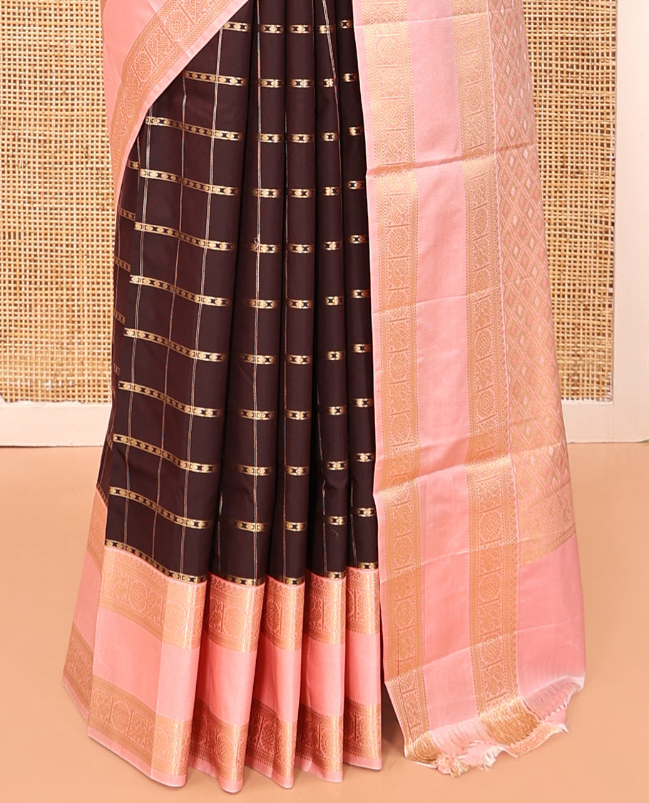 Brown Checked Budget Silk Saree, Contras Border, Contrast Blouse