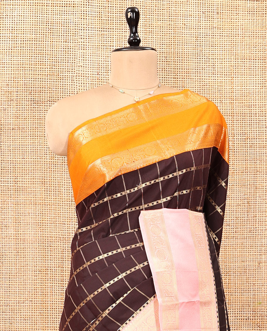 Brown Checked Budget Silk Saree, Contras Border, Contrast Blouse