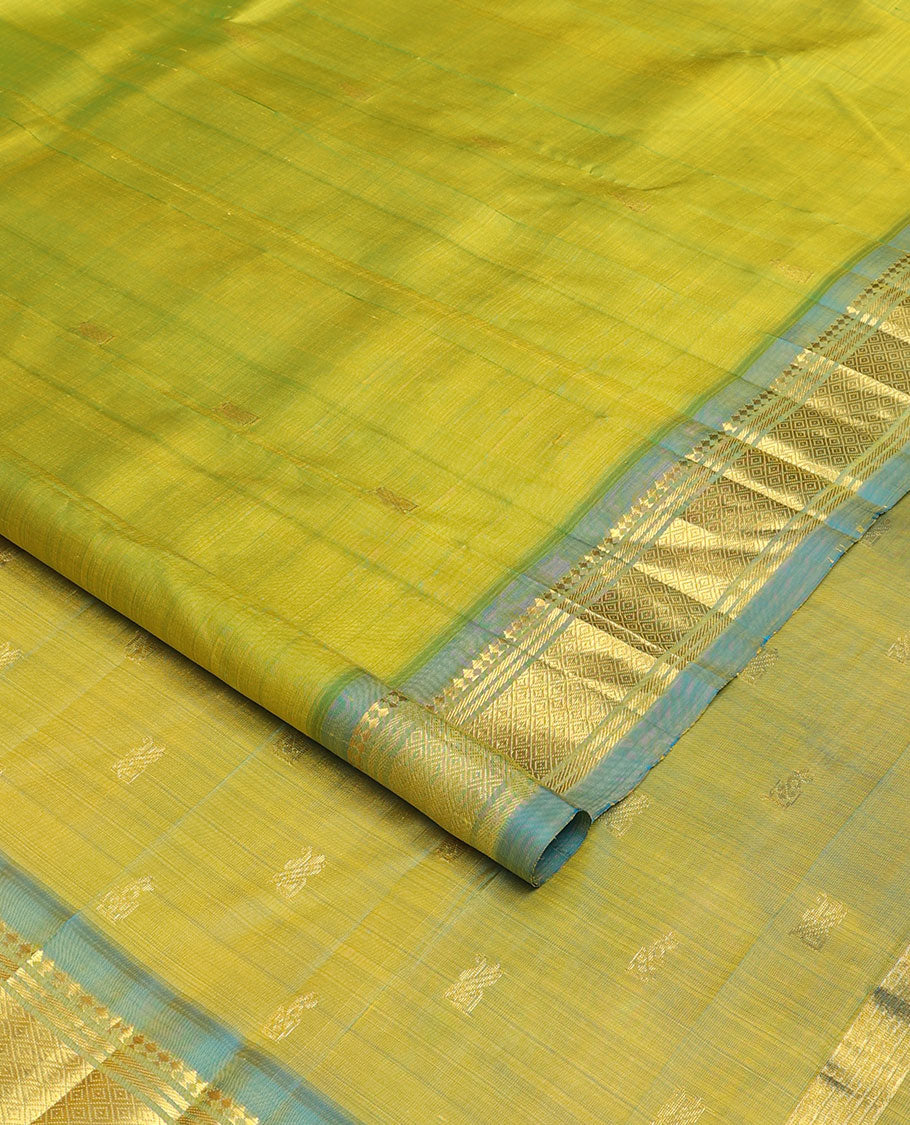 Green zari buttas Kanchipuram silk saree, contrast one-sided border of panner sombu,banaras & mayil kann & zari design pallu