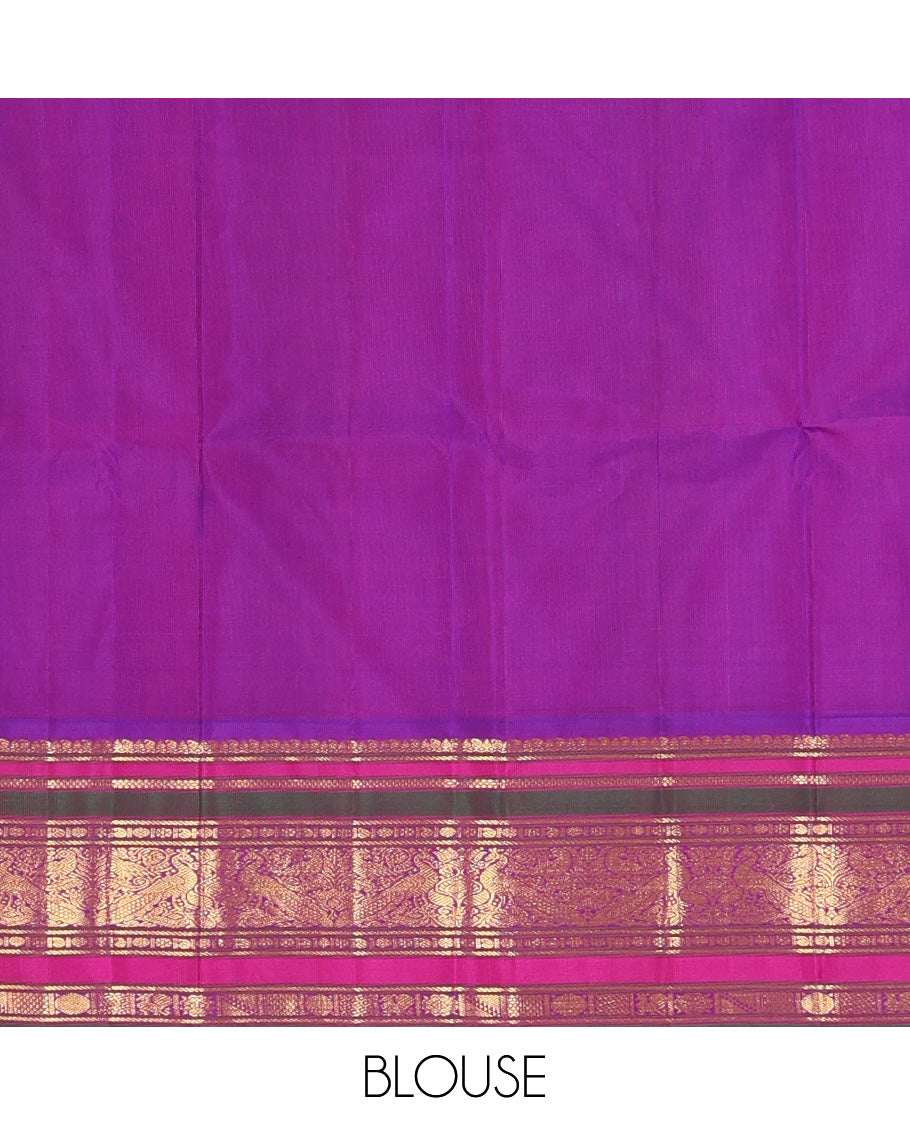 Orange zari buttas Kanchipuram silk saree, contrast border of manga mokku, banaras, kamalam, manga, rekku, mayil, and poun designs geometric patterned pallu