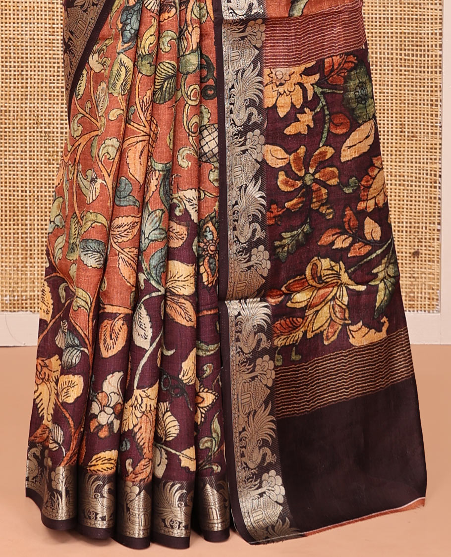 Brown-Rust Kalamkari Saree, Bedecked with Floral Vine Print, Zari-Woven Border, Floral Pallu, and a Contrast Blouse