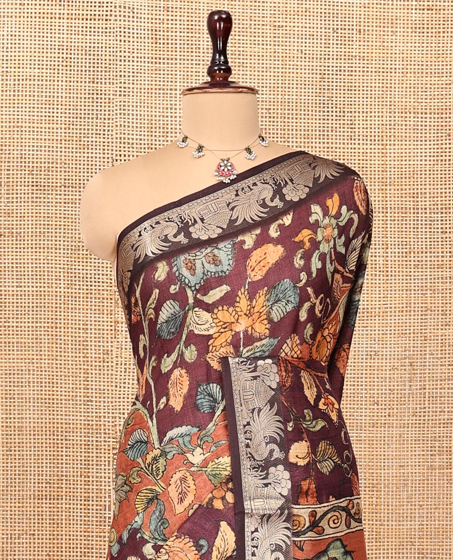 Brown-Rust Kalamkari Saree, Bedecked with Floral Vine Print, Zari-Woven Border, Floral Pallu, and a Contrast Blouse