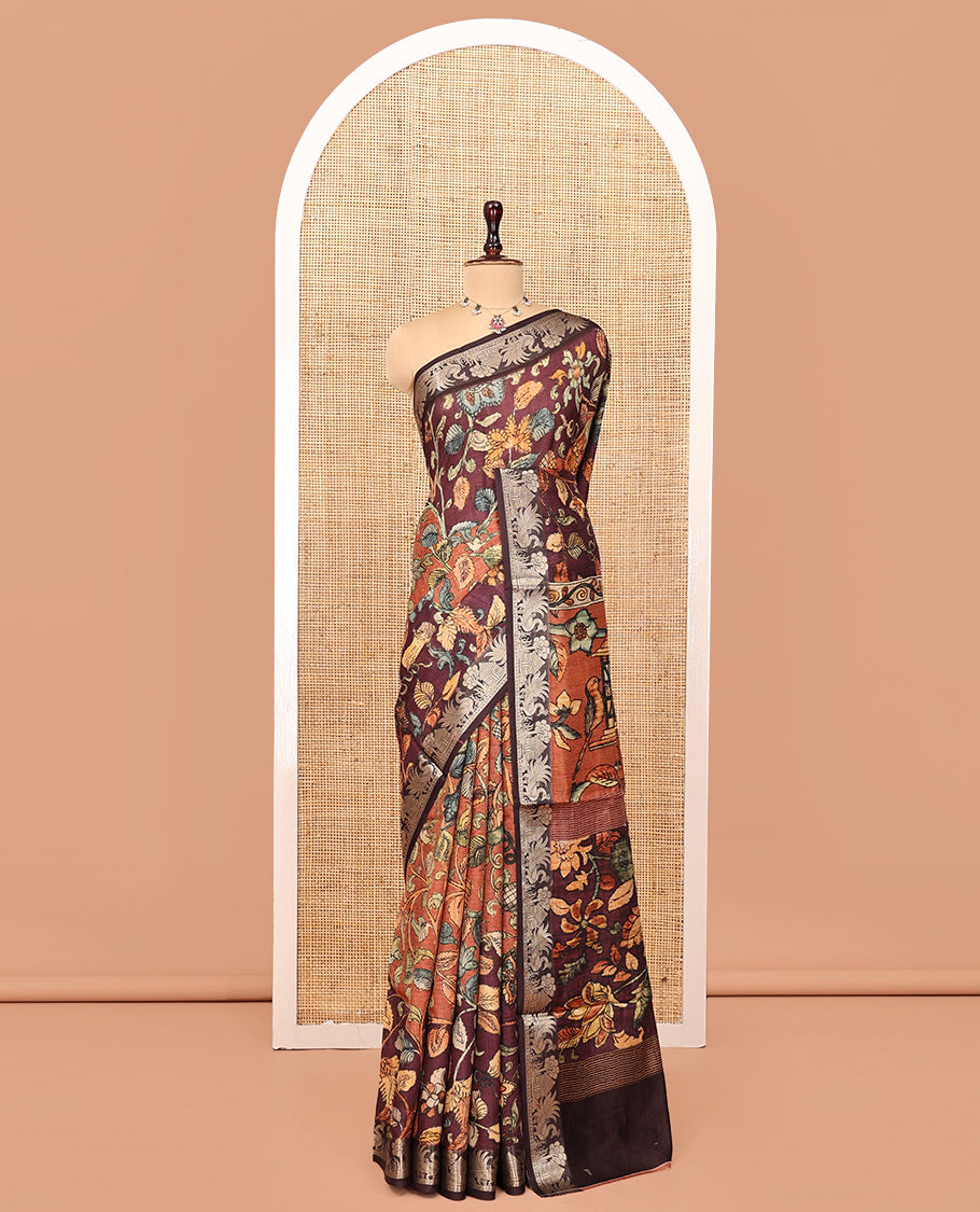 Brown-Rust Kalamkari Saree, Bedecked with Floral Vine Print, Zari-Woven Border, Floral Pallu, and a Contrast Blouse