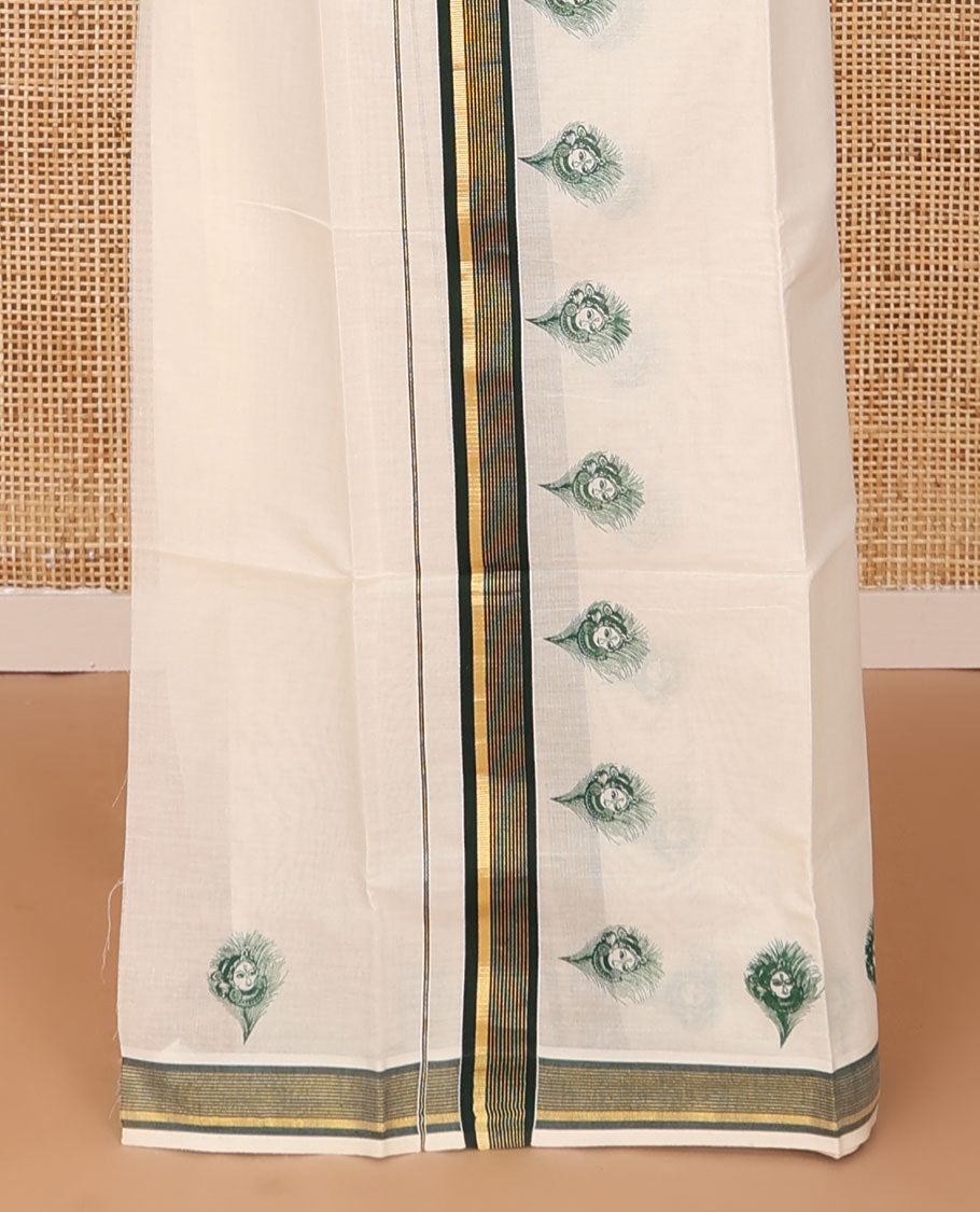 Cream peacock feather motifs printed Kerala mundu set with contrast striped border