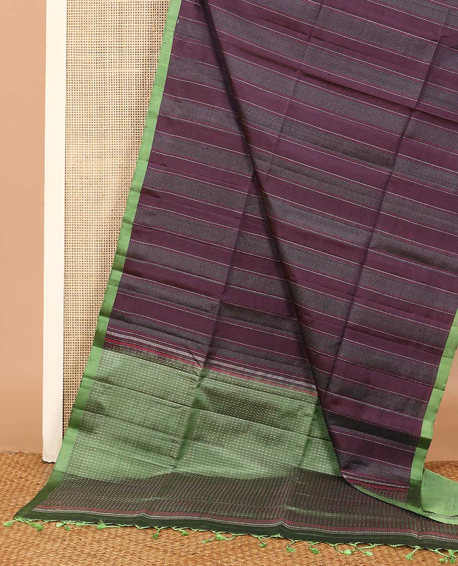 Purple muthu striped soft silk saree, contrast plain border, and pallu of dotted stripes