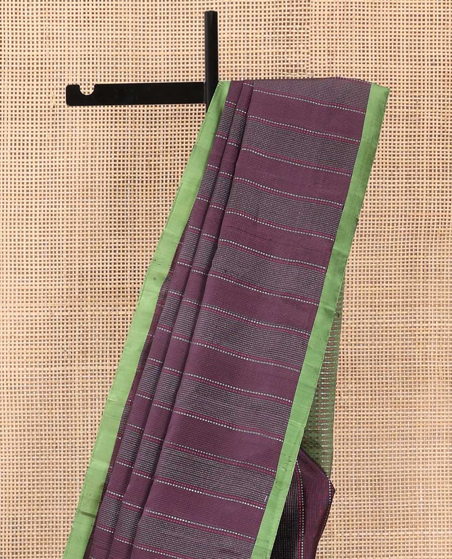 Purple muthu striped soft silk saree, contrast plain border, and pallu of dotted stripes