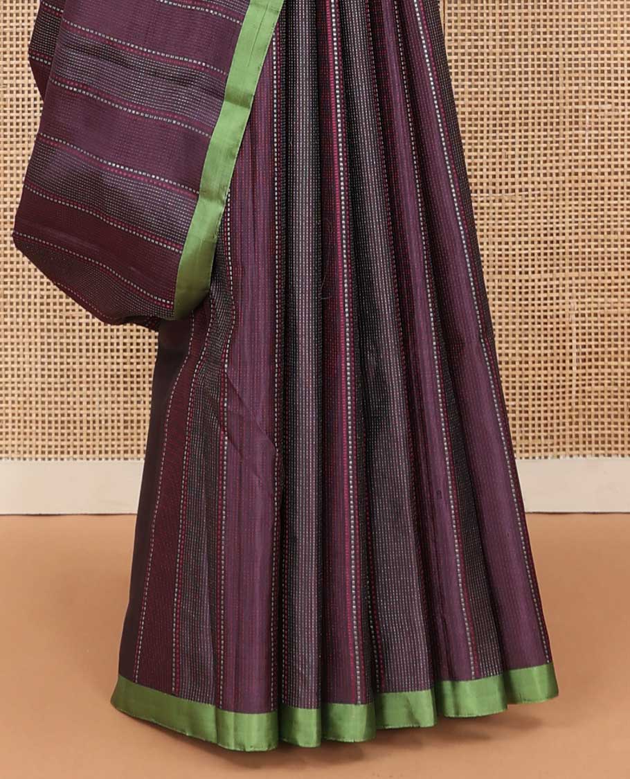 Purple muthu striped soft silk saree, contrast plain border, and pallu of dotted stripes