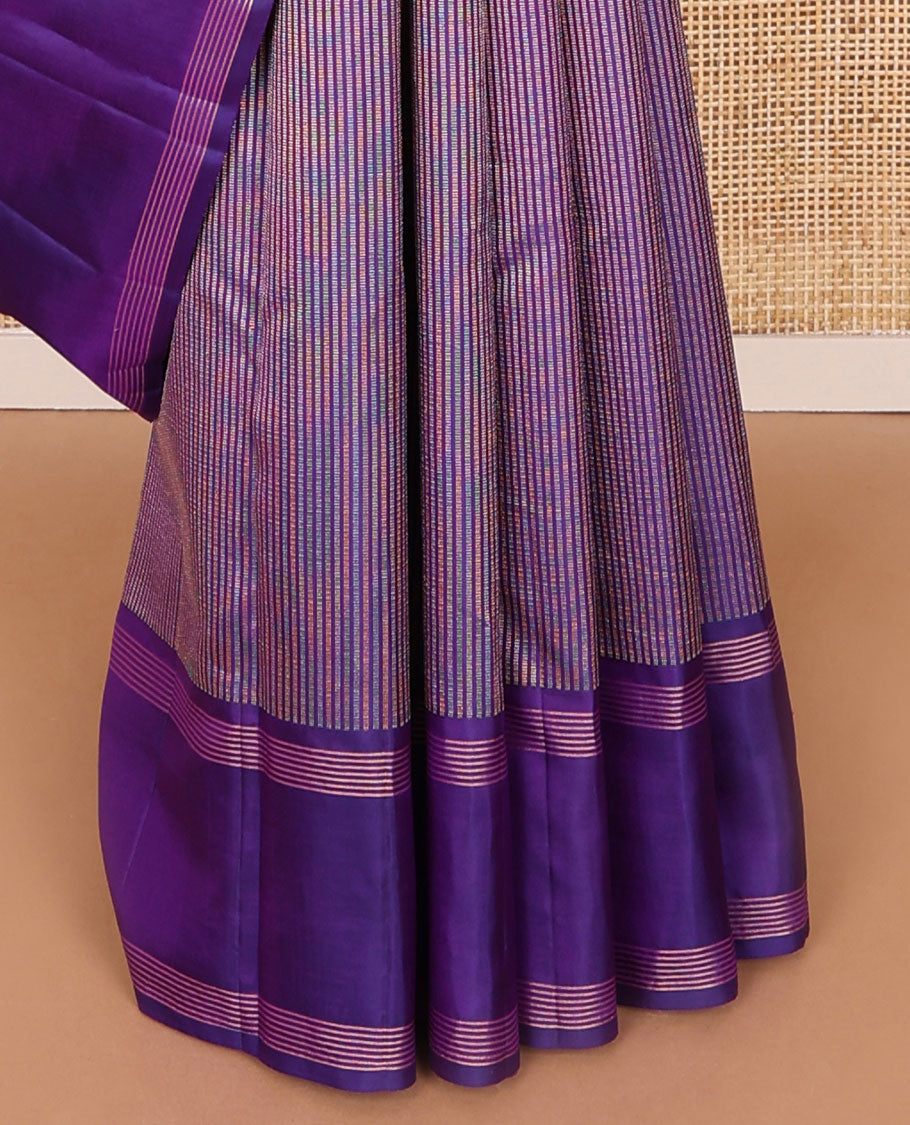 Violet striped silk saree with self rettai pettu zari border & checked design pallu