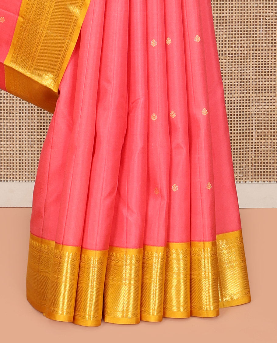 Pink Vasundhara Silk Saree, Embellished with Zari Buttas All Over Its Body, Complemented by a Contrast Border of Thikalam, Manga, Banaras, Muthu, and Paiyadi Kattam Designs, Intricately Designed Pallu, and Paired with a Contrast Blouse