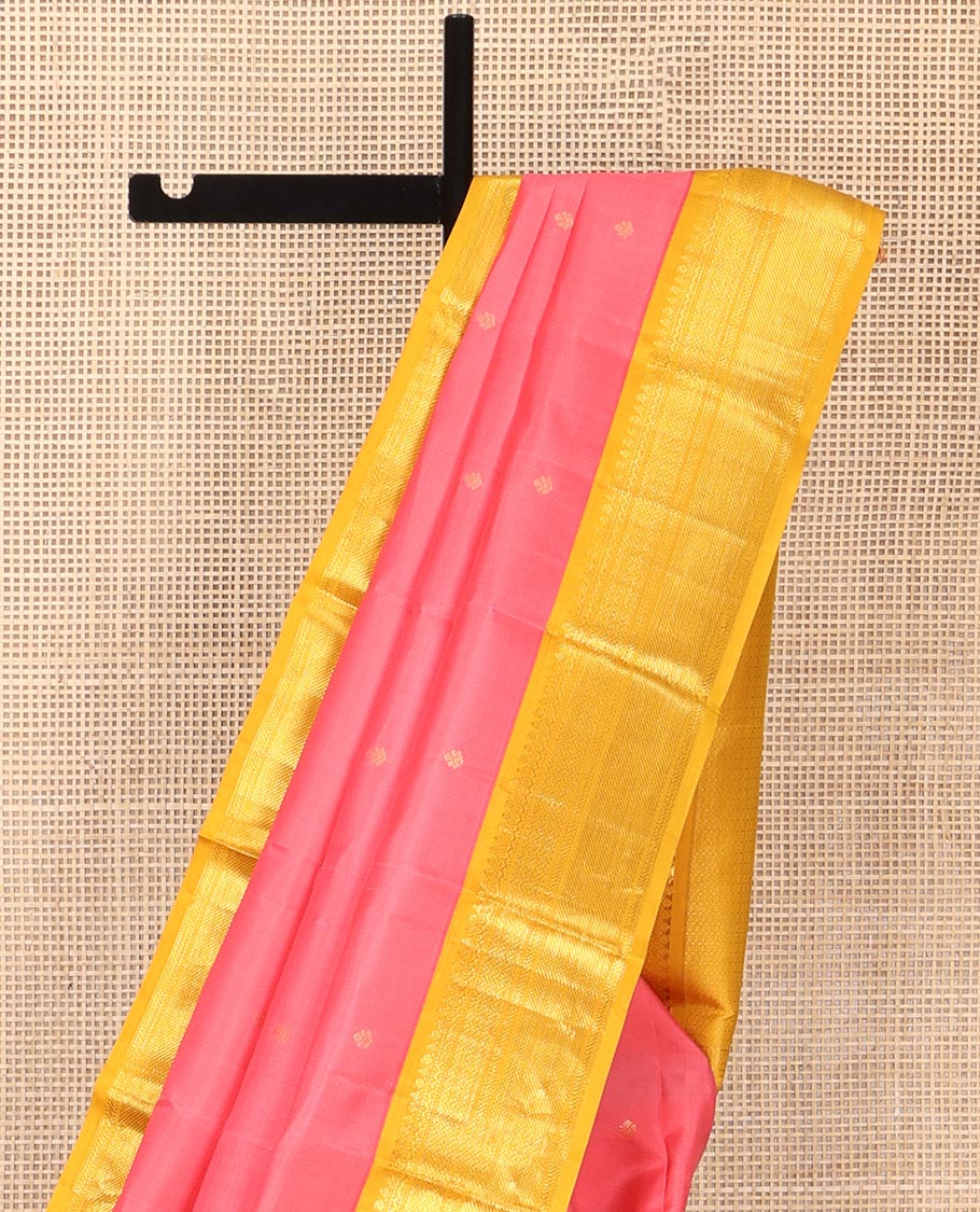 Pink Vasundhara Silk Saree, Embellished with Zari Buttas All Over Its Body, Complemented by a Contrast Border of Thikalam, Manga, Banaras, Muthu, and Paiyadi Kattam Designs, Intricately Designed Pallu, and Paired with a Contrast Blouse