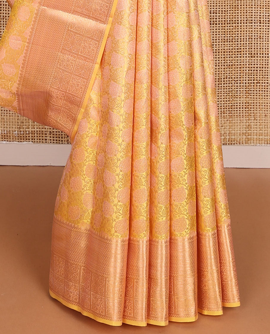 Orange floral jaal jacquard wedding silk saree, self-border of kathir, mayil kann & floral design & jaal pallu