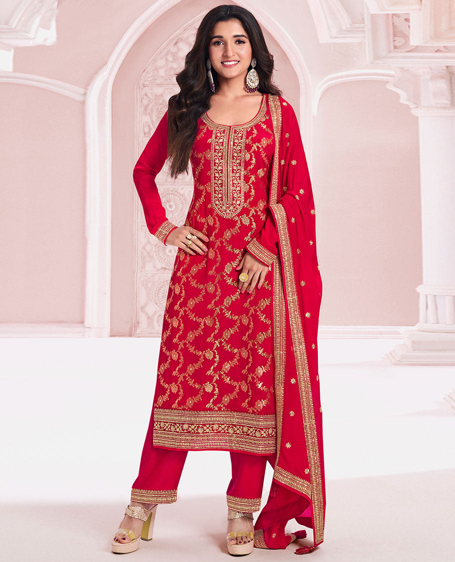 Red dress material catalouge floral embroidery top with plain bottom & floral embroidey dupatta