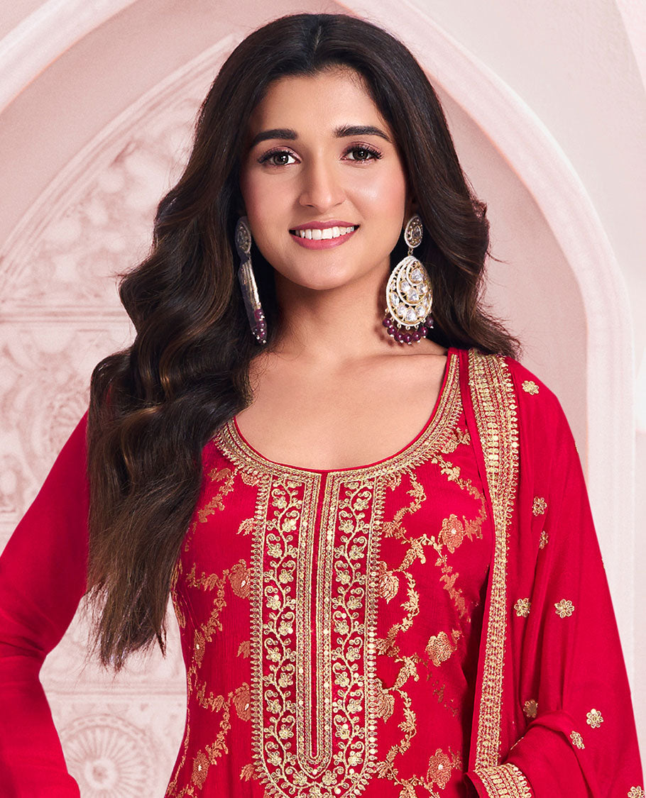 Red dress material catalouge floral embroidery top with plain bottom & floral embroidey dupatta