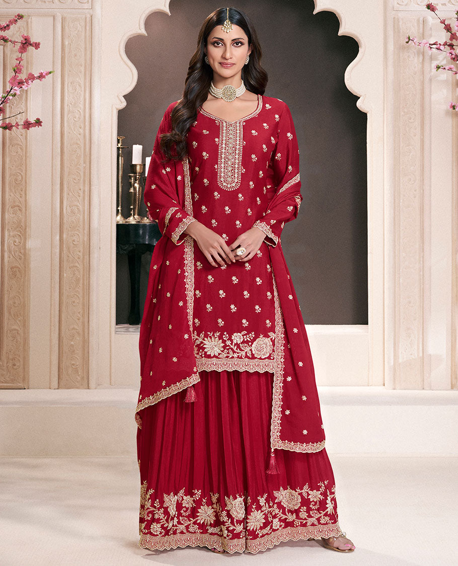 Red dress material catalouge floral thread embroidery top with palazzo pants & floral embroidery scallop border dupatta