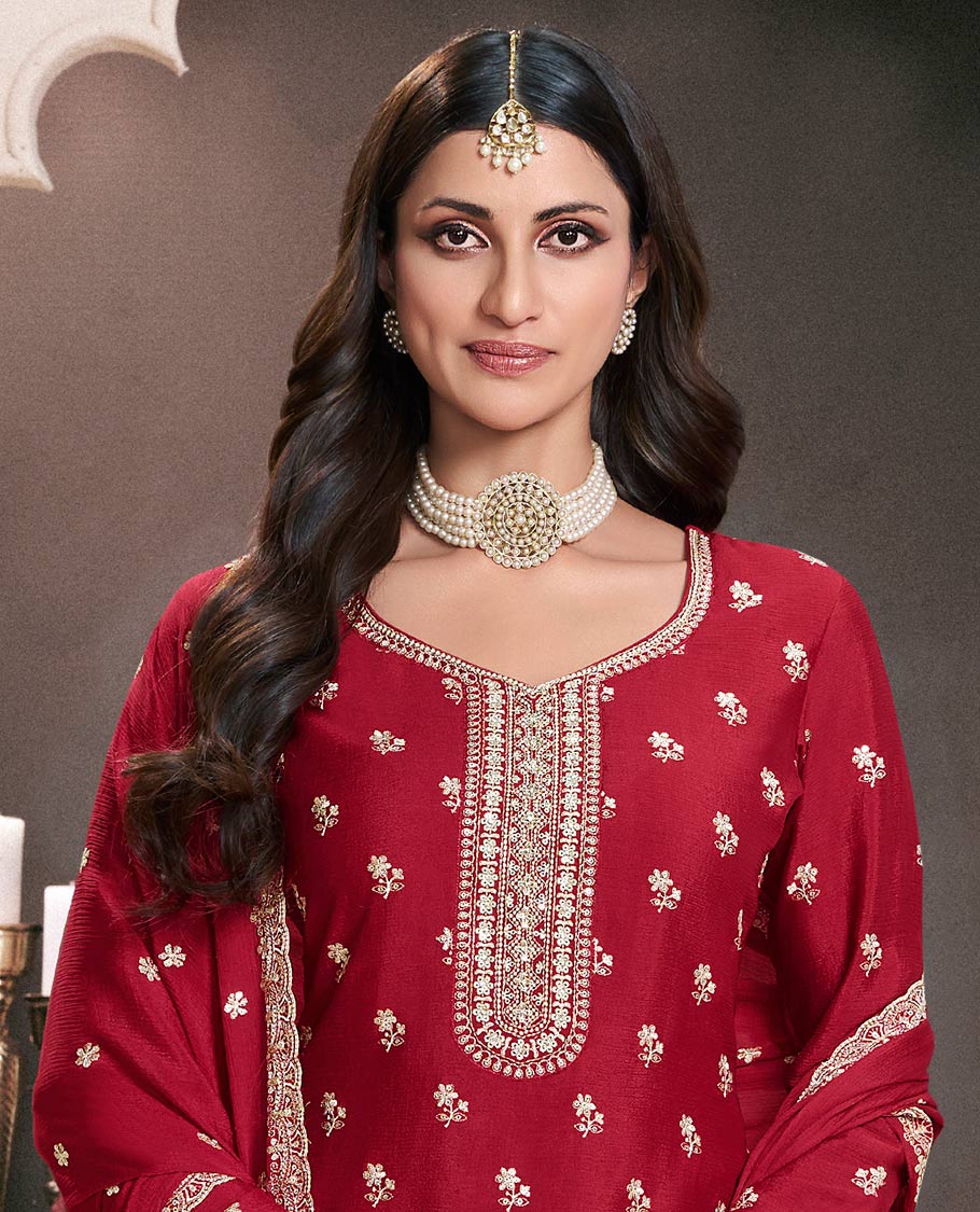 Red dress material catalouge floral thread embroidery top with palazzo pants & floral embroidery scallop border dupatta