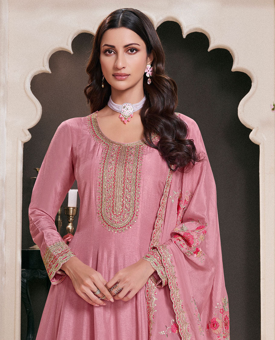 Red dress material catalouge floral embroidery anarkali with floral embroidery scallop border dupatta
