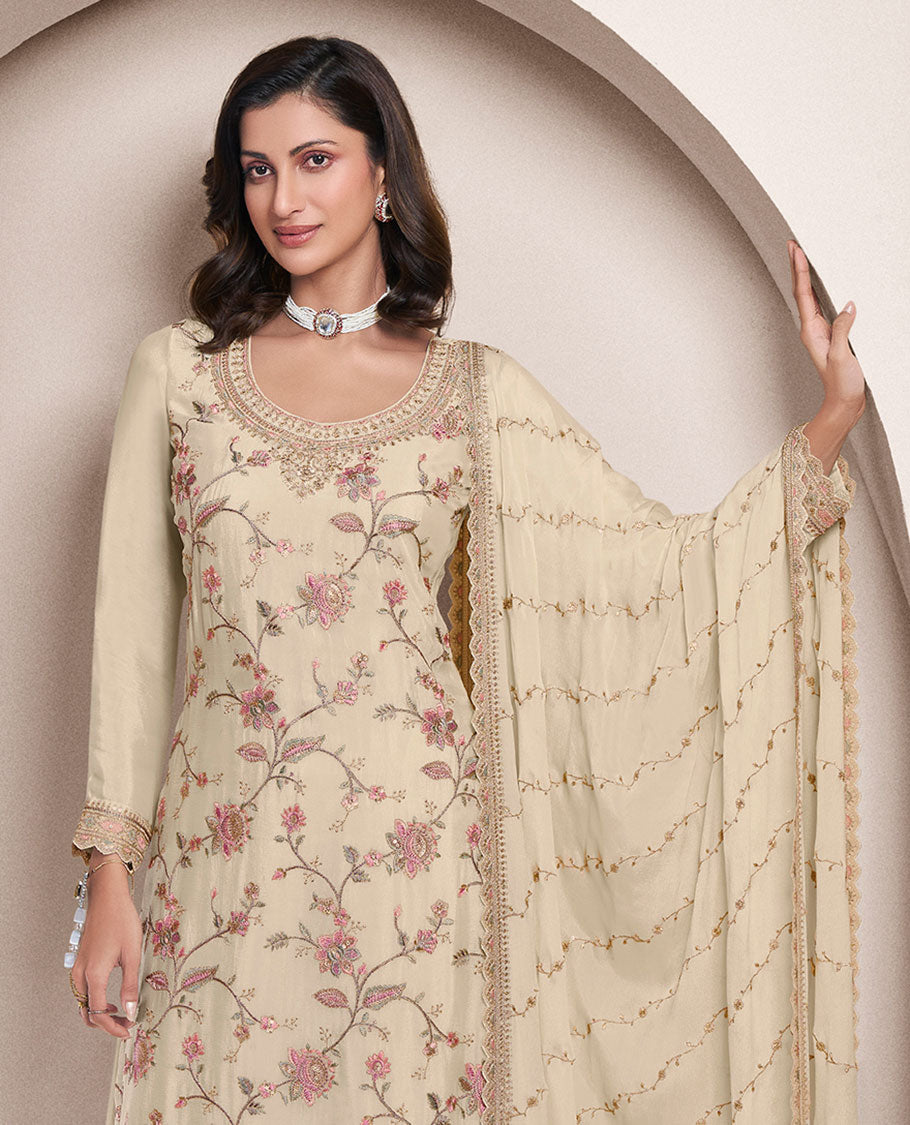 Beige dress material catalouge floral thread embroidery top with palazzo pants & floral embroidery scallop border dupatta