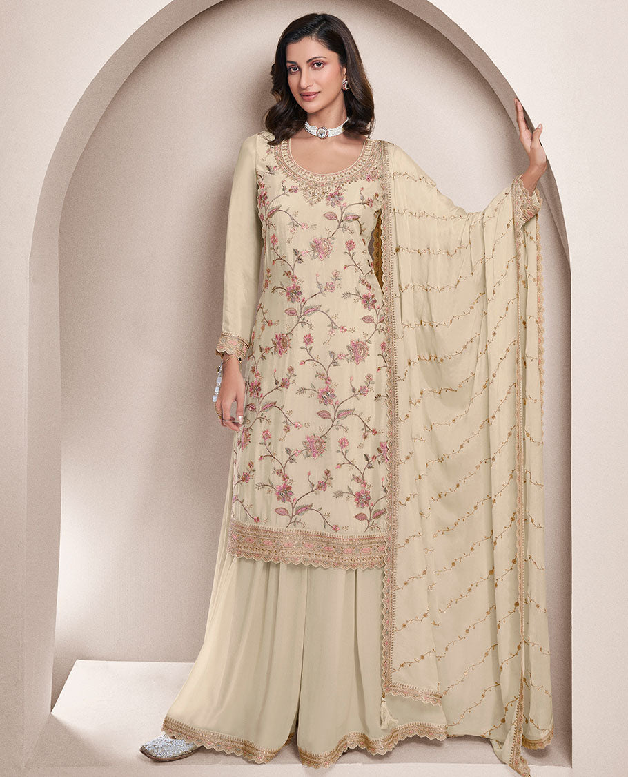 Beige dress material catalouge floral thread embroidery top with palazzo pants & floral embroidery scallop border dupatta