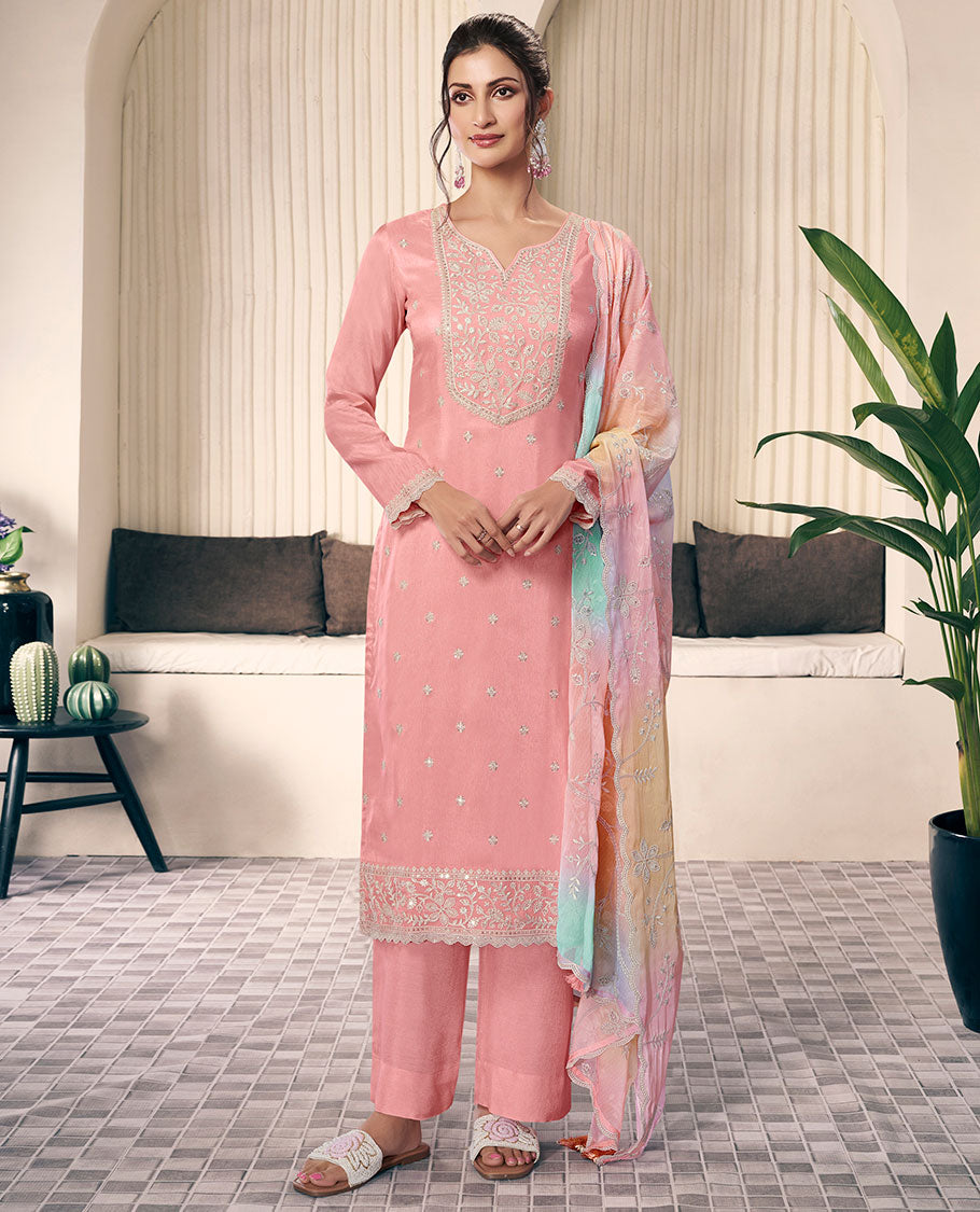 Peach dress material catalouge floral thread embroidery top with plain pants & floral embroidery scallop border dupatta