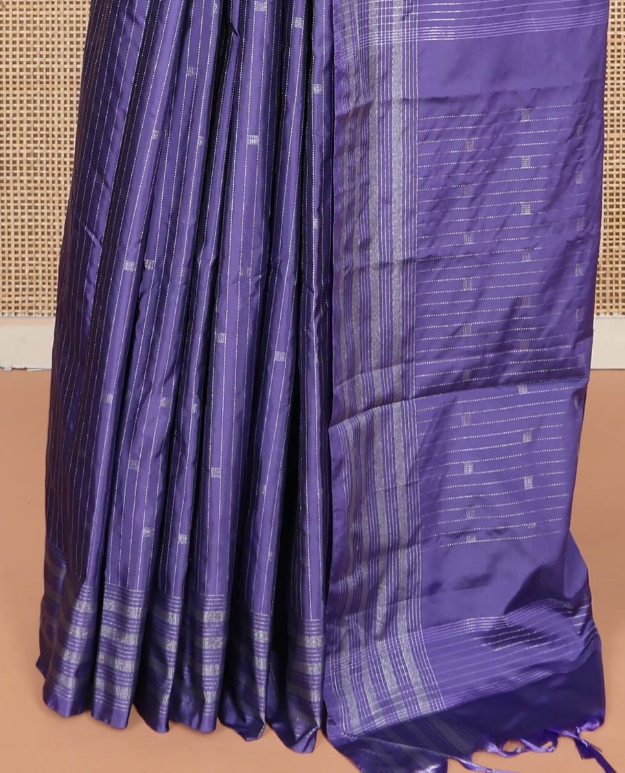Violet Aarani Silk Saree, Uniquely Detailed with Zari Buttas and Stripes on Its Body, Highlighted by a Zari Striped Border, Pallu of Stripes and Buttas, and Paired with a Matching Blouse