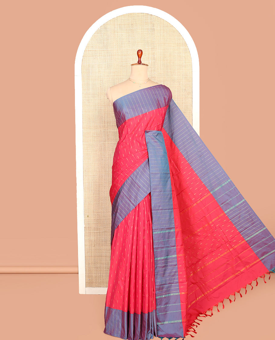 Pink Aarani Silk Saree, Decorated with Zari Buttas All Over Its Body, Complemented by a Contrast Zari Striped Border, Striped Pallu, and Paired with a Matching Blouse