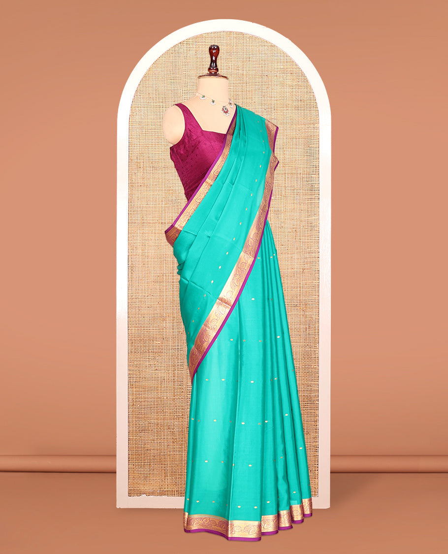 Turquoise Zari Buttas Mysore Silk Saree, Complemented by a Contrast Traditional Zari Border, Zari Design Pallu, and a Contrast Blouse