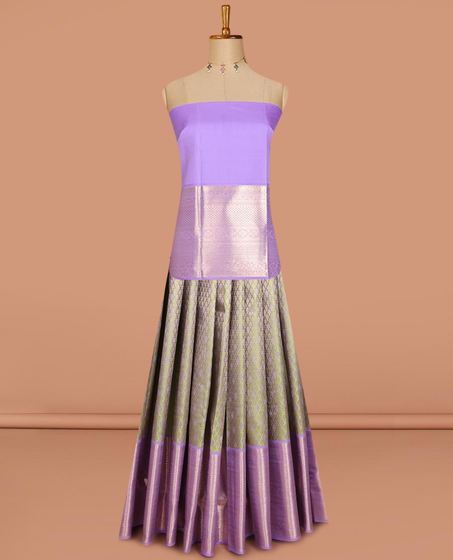 Green buttas pure-mix half saree,contrast zari design dhavani, zari blouse & border of kamalam,muthu,mayil kann,diamond & jaal